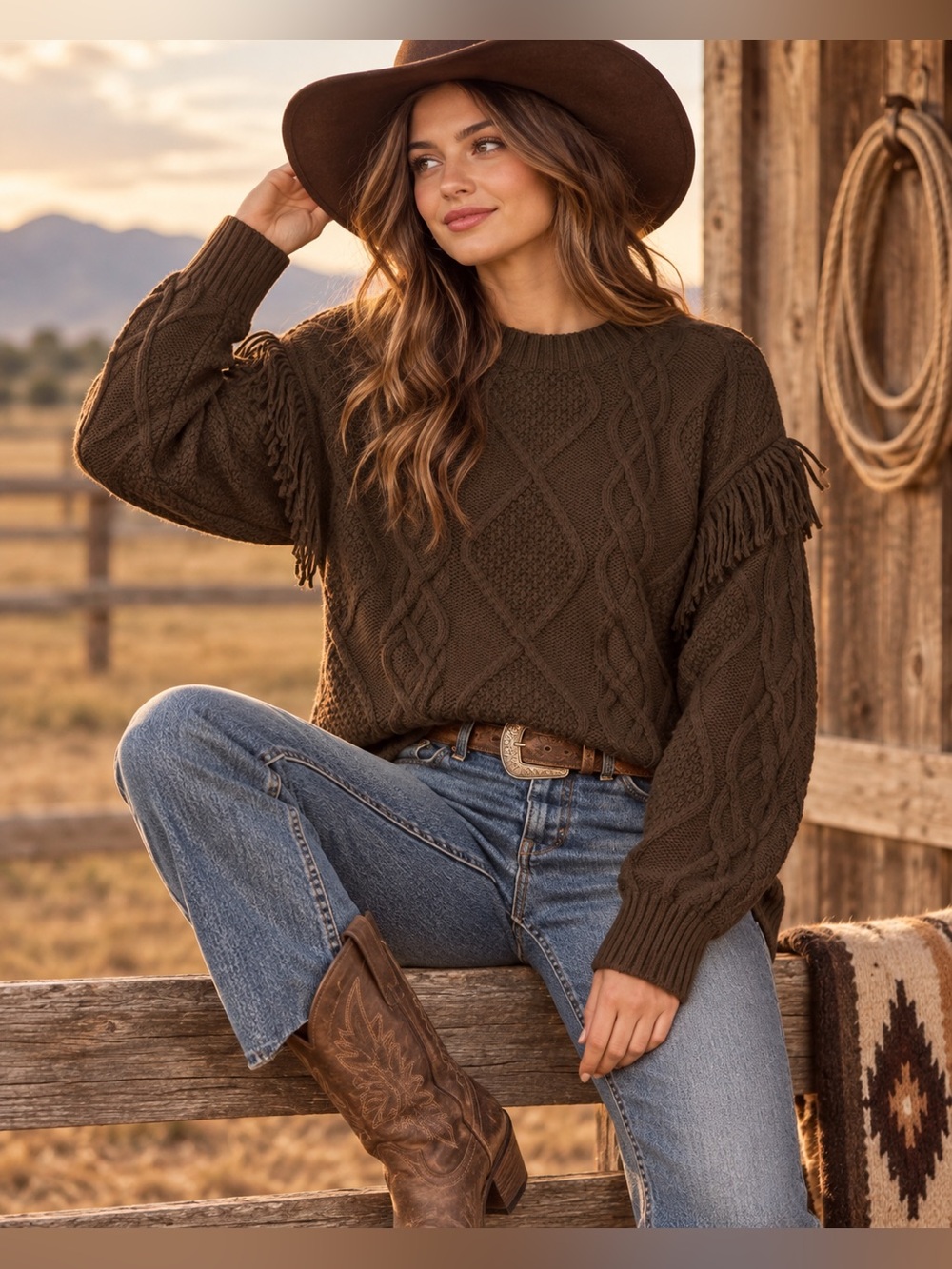 American Eagle Brown Cable Knit Fringe Sweater Small Western Ranchcore Boho